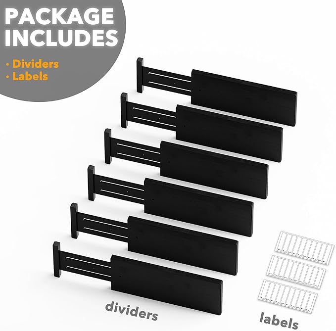 SpaceAid Bamboo Dresser Drawer Dividers 6 Pack, 4.65“ High Adjustable 12.5“-17” Drawer Organizers, Expandable Organization for Clothing, Clothes, Dressers, Black