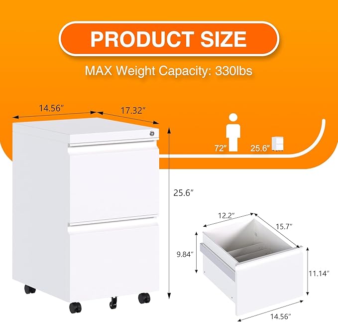 Aobabo Metal 2 Drawer Office File Cabinet with Lock, Under Desk Office Steel Files Cabinet on Wheels, 25.6''H Legal/Letter A4 Size, Fully Assembled Except Wheels,White