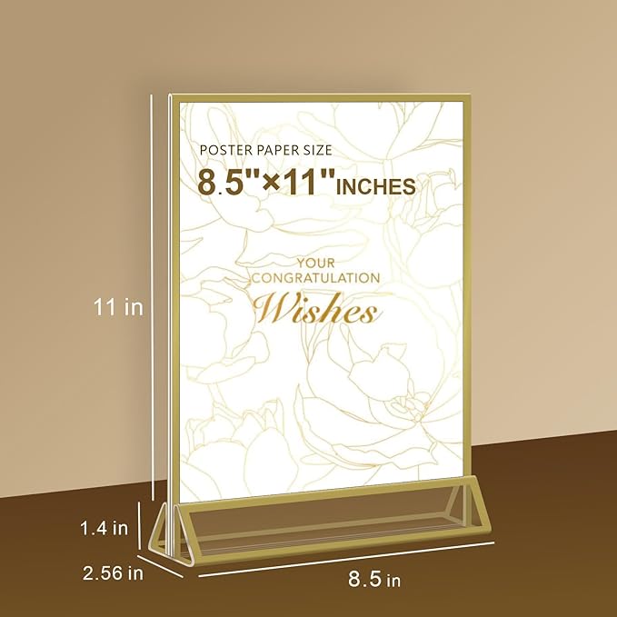 Acrylic Sign Holder 8.5 x 11 Inch - 3 Pack Gold Picture Frame Vertical Double-Sided Display Stands,Flyer Holder & Plastic Paper Holder - Vendor Booth Display Items for Wedding Business Store Party