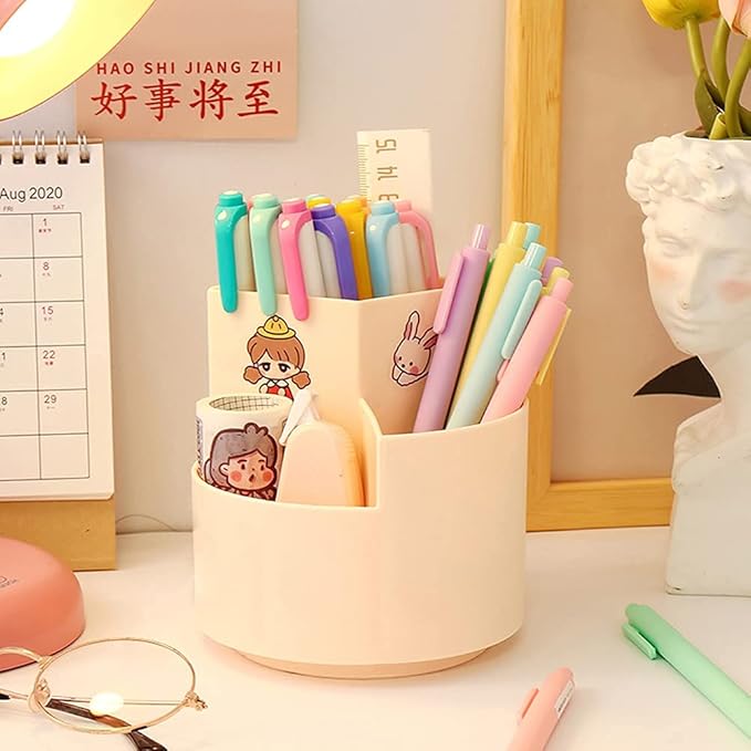 Rotating Pen Holder 3 Compartments, School Supplies Organizer for Pen, Colored Pencil, Art Brushes, Desktop Storage Box in Classroom & Art Studio, Gift for Teachers, Classmates, and Friends ,Pink