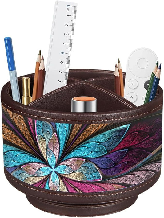Rotating Pen Holder for Desk, Leather Pencil Pen Organizer Remote Control Holder Table Desktop Nightstand Organizer Caddy Storage, Office Desk Organizers And Accessories 5.5x5.5x4.0 Inch