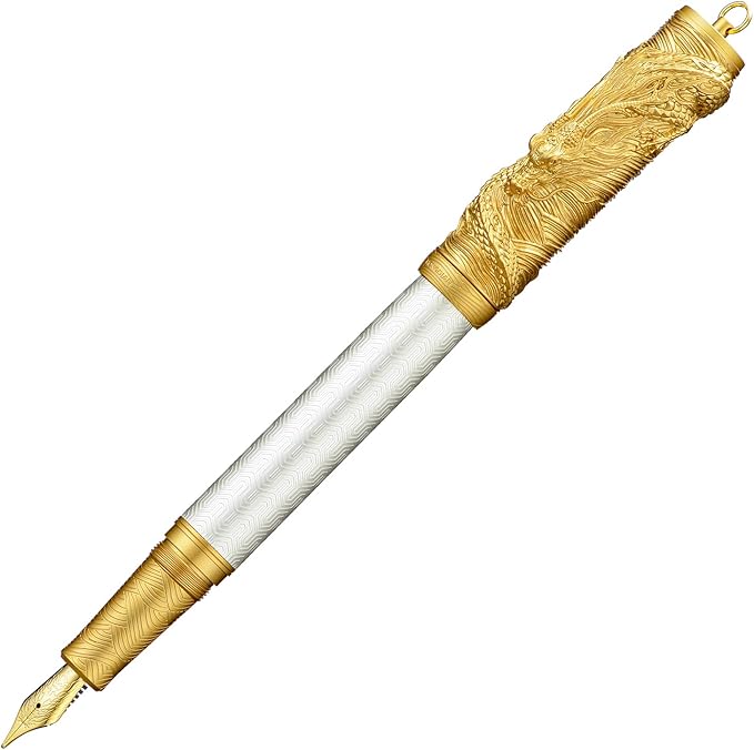 Hongdian A24 Fountain Pen Fine Nib, Snow White & Golden Dragon Stereoscopic Carving Cap Design