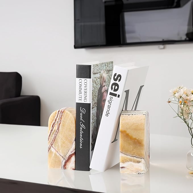 Koville Mexican Natural Marble Bookends for Shelves, Decorative Book Ends, 7lbs Heavy-Duty Marble Book Holders, Bookshelf Apartment Decor for Normal Books/CD/Video Games(Mexico Onyx)