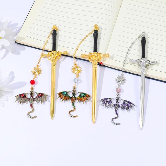 Fantasy Dragon Leather Corner Bookmark, Elegant Metal Dragon Charms Leather Page Saver, Chic Book Accessory for Bookworms, Great Gift for Dragon & Book Lovers (Dragon Sword B)