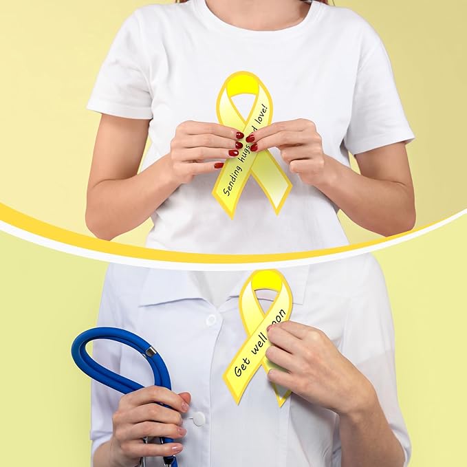 Kosiz 100 Pack Large Gold Ribbon Set 100 Childhood Cancer Ribbon Cutouts 2 Marker Pens 100 Wooden Clips with Rope Neuroblastoma Cancer Awareness Items for Public Charity Party Supplies