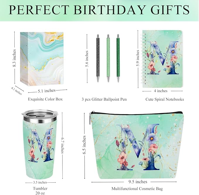 Personalized Gifts Monogrammed Birthday Gifts for Women, Her, Teacher Mother in Law Wedding Christmas Initial 20 oz Tumbler, Makeup Bag Cup Pens Journal Notebook 6 Set, (Aesthetic Green Flower M)