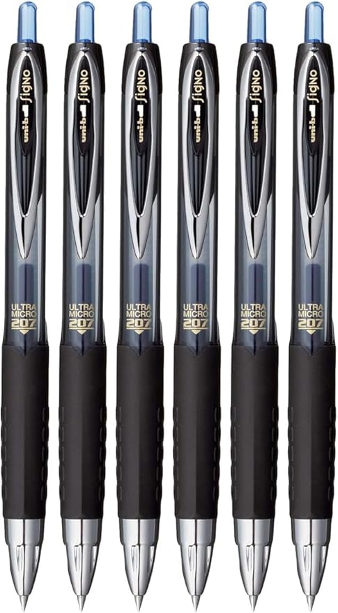 Signo 207 Roller Ball Retractable Gel Pens, Ultra Micro Point (0.38mm), Blue Ink, 6 Count, Bundle with Plastic Reusable Pouch