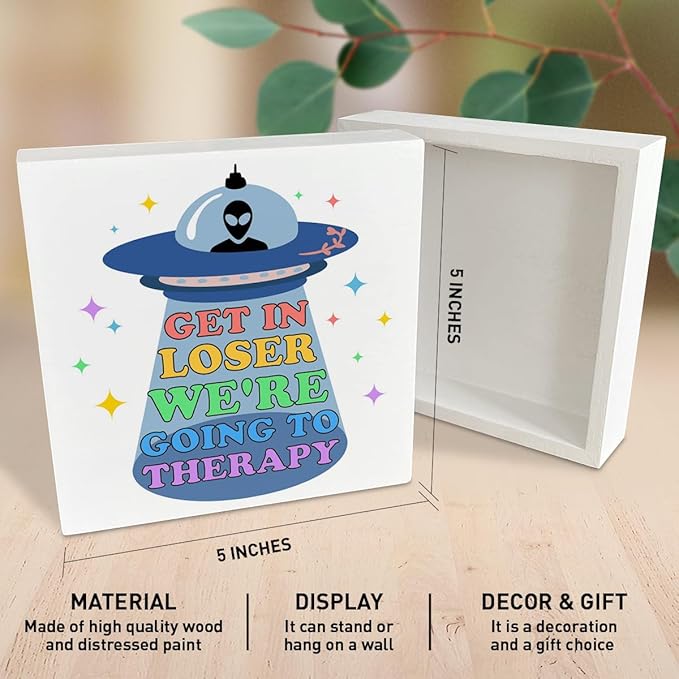 Therapy Office Desk Wooden Box Sign Decor, Funny Mental Health Wood Box Sign Decorations for School Psychologist Office, Gifts for Therapist Psychologist School Counselor, We're Going to Therapy