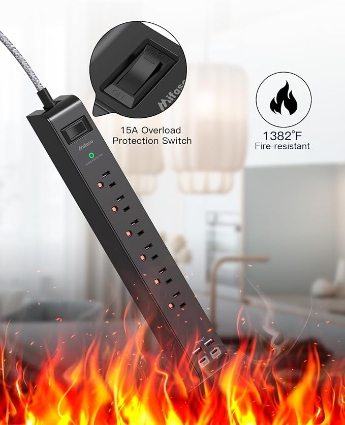 Surge Protector Power Strip - 6 Outlets 4 USB Charging Ports, 5Ft Braided Extension Cord, Flat Plug, Overload Protection, Wall Mount for Home Office, Dorm Room Essentials, Black