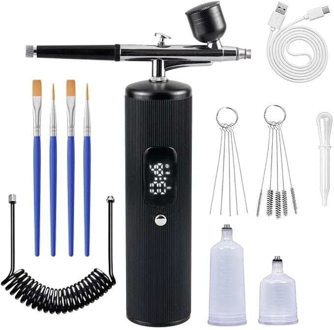48PSI High-Pressure Airbrush Kit with Compressor, 0.3mm Nozzle & 4000mAh Battery - Handheld Portable Spray Gun for Nail Art, Makeup, Painting, Graffiti, Cake Decorating,Model Coloring (Black)