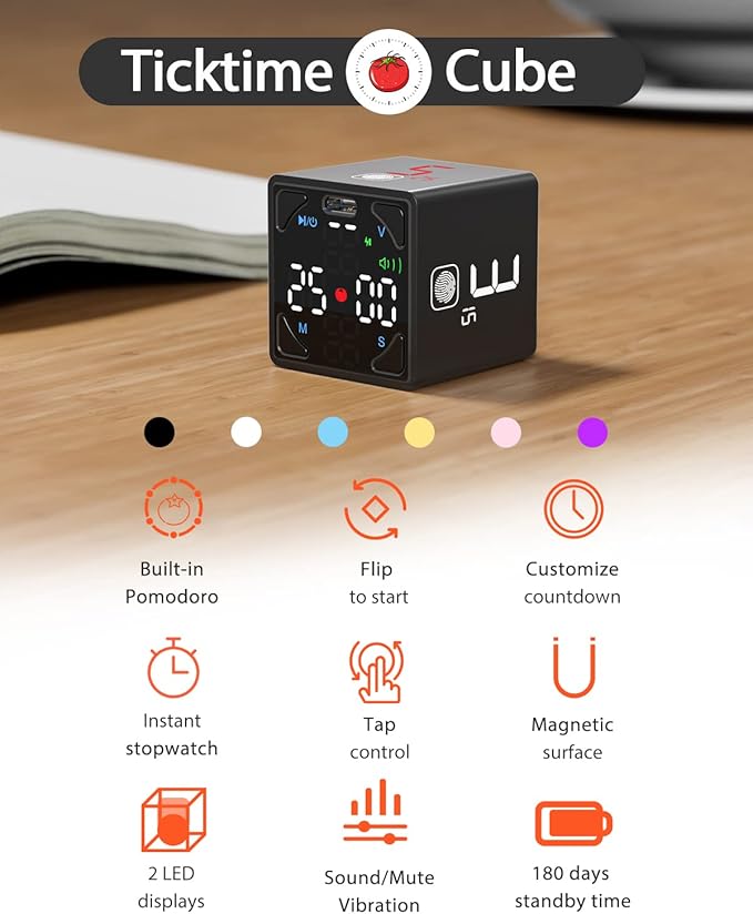 Pomodoro Timer Cube, Productivity Timer, Pause & Resume, Silent, Vibrate & Adjustable Sound Alert, for ADHD, Task, Work, Study, 1/3/5/10/15/25/45/60min & Custom Countdown, Black