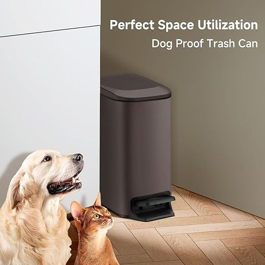 TIPGO Slim Bathroom Trash Can with Lid Soft Close, Step Pedal, 6 Liter / 1.6 Gallon Stainless Steel Trash Bin, Small Garbage Cans for Bedroom, Office, Kitchen (Brown)