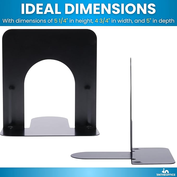 1InTheOffice Bookends for Shelves, Metal Bookends, 5 1/4" x 4 3/4" x 5", Non-Slip, Black, 4 Pack