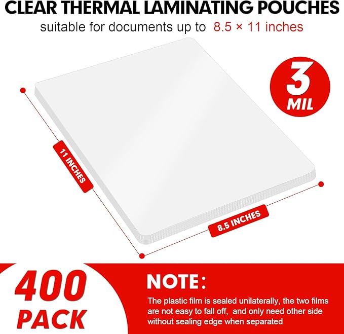 Laminating Sheets, 400 Pack Clear Thermal Laminating Plastic Paper Laminator Sheets, 9 x 11.5-Inch, 3mil, Ideal Office or School Supplies