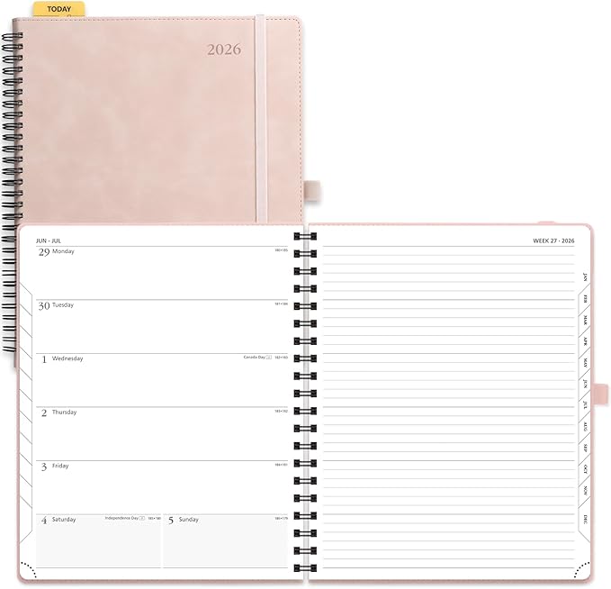 POPRUN 2026 Planner Weekly Notebook Calendar (Jan-Dec), Large Size 8.5'' x 10.5'' - Agenda 2026 Appointment Book with Monthly Tabs, Inner Pocket, Spiral Soft Cover, 100 GSM - Soft Pink
