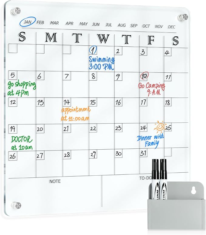 MAKELLO Acrylic Calendar for Wall, Clear Fridge Calendar for Family,2 Pens, Pen Holder, Fixing Screw and Magnets for Refrigerator,12x12 in