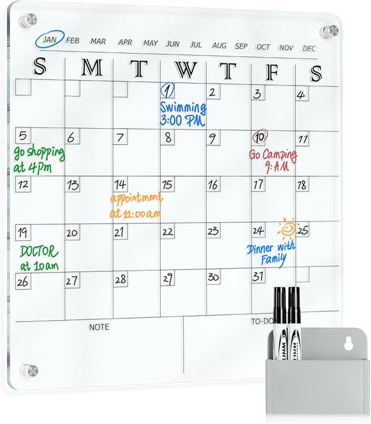 MAKELLO Acrylic Calendar for Wall, Clear Fridge Calendar for Family,2 Pens, Pen Holder, Fixing Screw and Magnets for Refrigerator,12x12 in