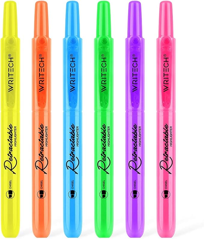 WRITECH Retractable Highlighters Assorted Colors: Chisel Tip Click Aesthetic Highlighter Marker Pens Pack Multi Colored Ink No Bleed Smear for Highlighting Journaling (6ct Neon)
