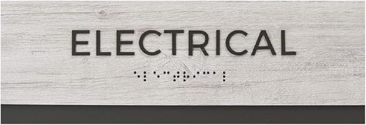 Electrical Sign with Braille/Easy Adhesive Mount Door and Wall Sign for Small Businesses and Restaurants / 3 x 9 inches/Silver Woodgrain
