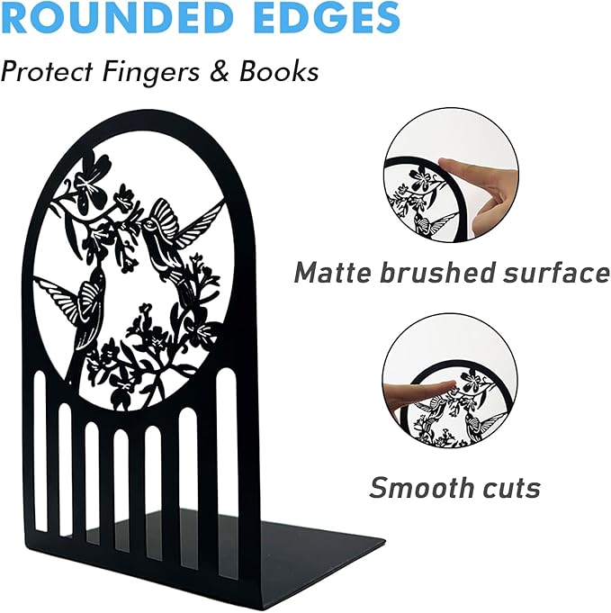Hummingbird Book Ends, Metal Bookends for Shelves Decorative, Book Stopper for Heavy Books, Bookends for Home, Office, Library, School Use (Black)