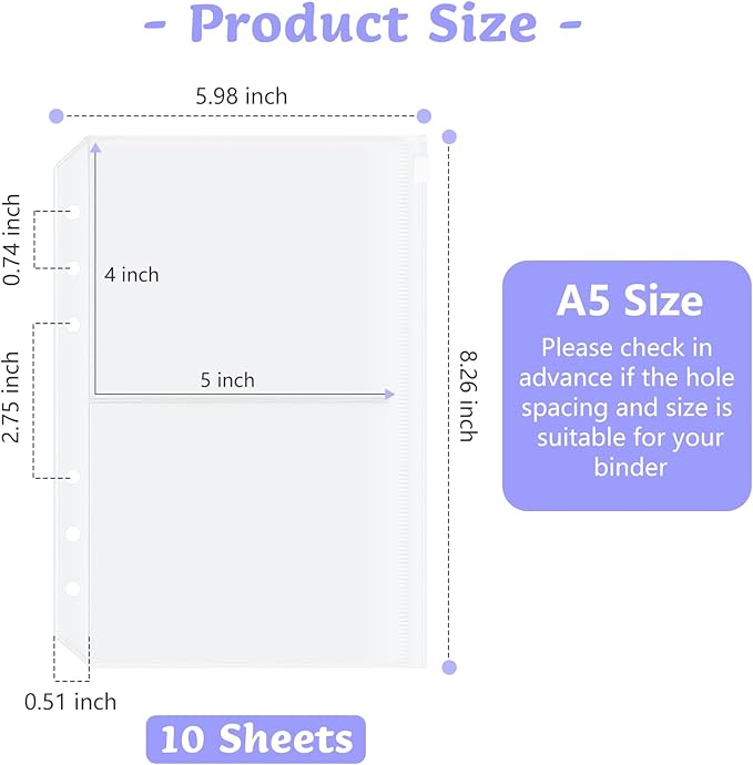 10 Pack Zippered Binder Pocket Sleeves for 6 Ring A5 Binder - Frosted Divided Pouch Photo Card Jewelry Storage Binder Insert Refills 2 Pocket Cash Saving Sheets Protector Loose Leaf Bags