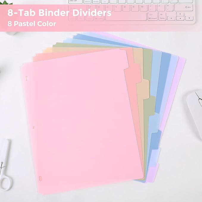 SKYDUE Durable Plastic 8-Tab Dividers, Big Tab Dividers for 3 Ring Binder, Write & Erase 3 Ring Binder Dividers with Tabs, with Sticker Labels, 1 Set, Pastel Color