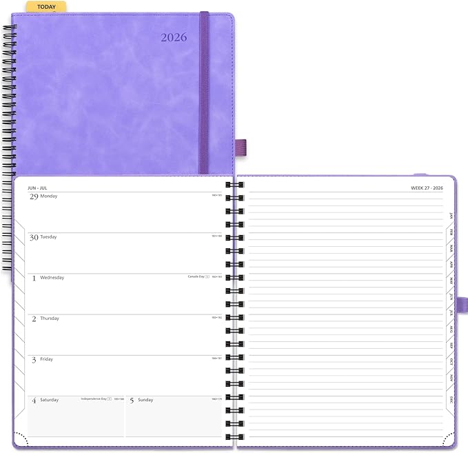POPRUN 2026 Planner Weekly Notebook Calendar (Jan-Dec), Large Size 8.5'' x 10.5'' - Agenda 2026 Appointment Book with Monthly Tabs, Inner Pocket, Spiral Soft Cover, 100 GSM - Lilac