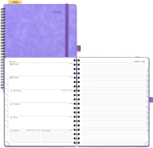 POPRUN 2026 Planner Weekly Notebook Calendar (Jan-Dec), Large Size 8.5'' x 10.5'' - Agenda 2026 Appointment Book with Monthly Tabs, Inner Pocket, Spiral Soft Cover, 100 GSM - Lilac