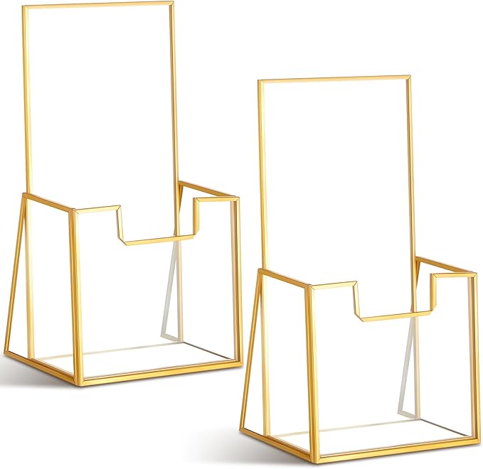 2 Pcs Gold Glass Brochure Holder Stand 4 Inch Countertop Clear Literature Trifold Pamphlet Holder Flyer Brochure Display Stand for Magazine, Booklets, Menu, Journals