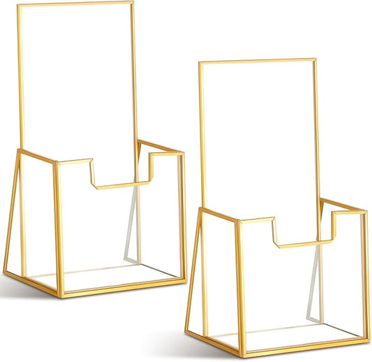 2 Pcs Gold Glass Brochure Holder Stand 4 Inch Countertop Clear Literature Trifold Pamphlet Holder Flyer Brochure Display Stand for Magazine, Booklets, Menu, Journals