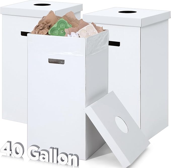 3 Pcs Cardboard Trash Cans with Lid Disposable and Reusable Corrugated Cardboard Trash Cans Recycling Bins Bulk with 6 Garbage Bags White Rubbish Boxes for Parties Events(40 Gallon)
