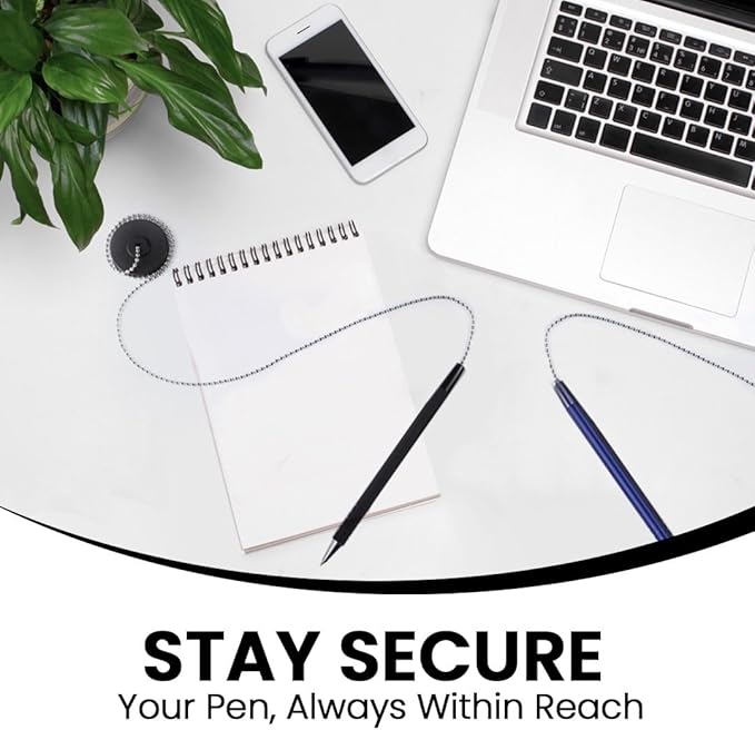 Secure Pen with Adhesive Pen Chain Holder 23-Inch Chain (42 Pieces) | 7 Black Pens and 7 Blue Pens with 14 Black & 14 Blue Refills | Counter Pens with Chain & Base