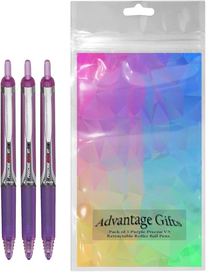 Precise V5 RT Retractable Rolling Ball Pens, Extra Fine Point (.5mm), Purple Ink, 3-pk; Premium Comfort Grip, Bundle with Plastic Reusable Pouch