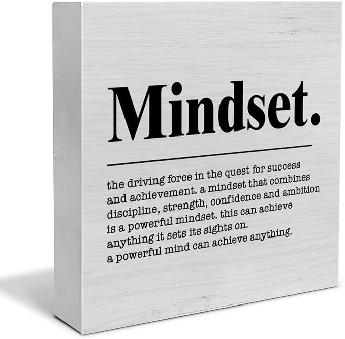 Inspirational Sign Mindset Definition Wooden Sign Home Office Decor 5 X 5 Inches Motivational Mindset Wood Block Signs for Desk Shelf Table