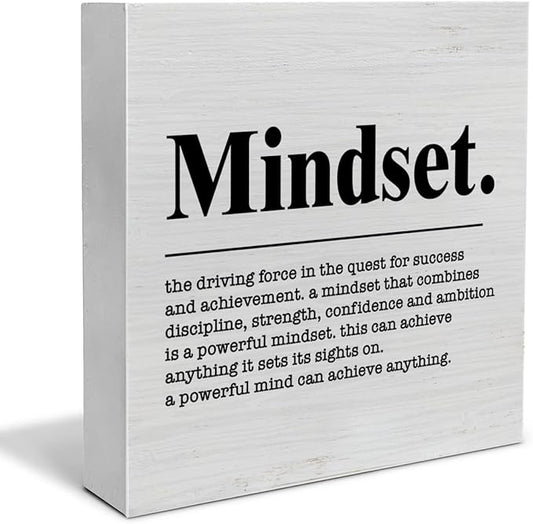 Inspirational Sign Mindset Definition Wooden Sign Home Office Decor 5 X 5 Inches Motivational Mindset Wood Block Signs for Desk Shelf Table