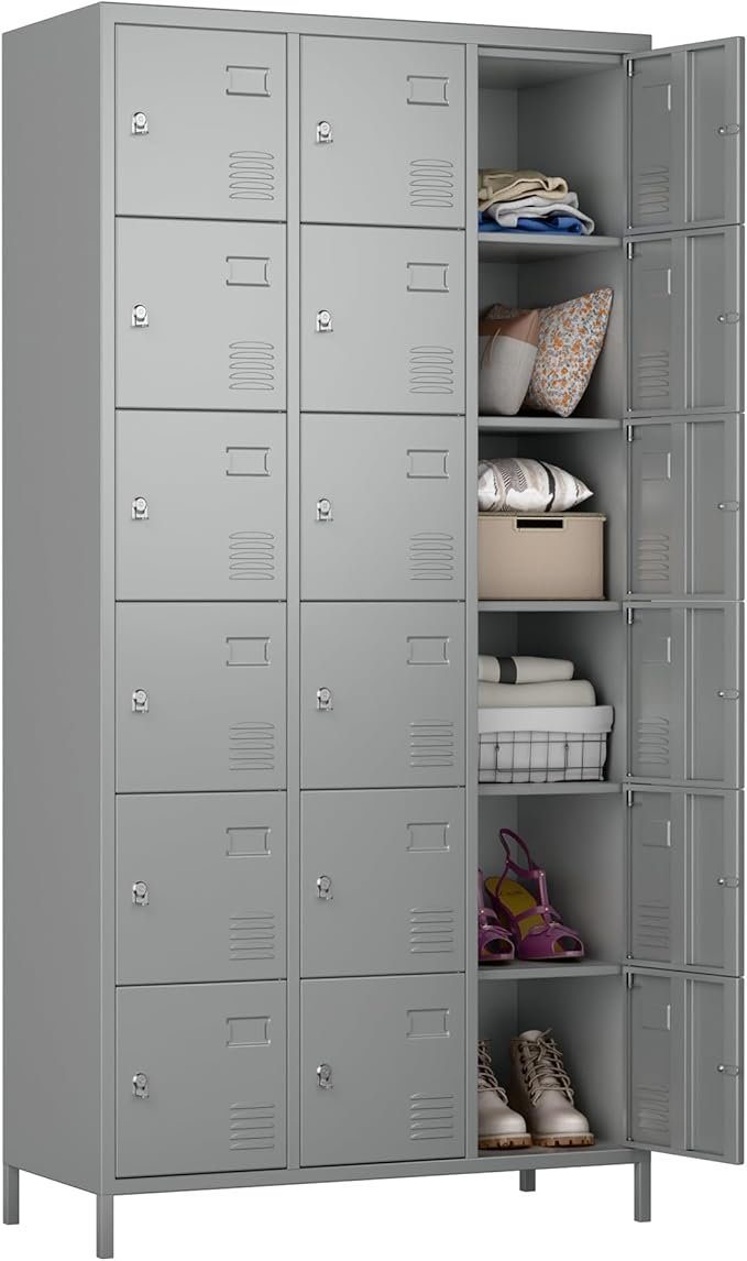 Metal Lockers for Employees with Lock,Metal Storage Locker with 18 Doors for School Garage Office Gym Bedroom,Assembly Required,18 Door Light Grey