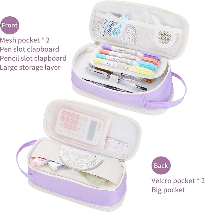 Dugio Big Pencil Case for Girls Teens Kids Zipper Pencil Pouch with Handle Organizer Pencil Bag Aesthetic Pencil Box for School Purple