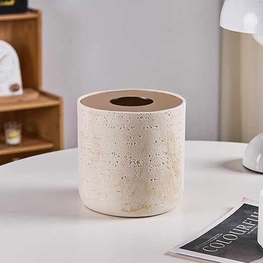 Natural Travertine Textures Mini Trash Can with Rose Gold Stainless Steel Lid, Mini Countertop Trash Can for Bathroom Kitchen, Desk or Table top Mini Garbage Can, Resin Tiny Waste Basket for Vanity