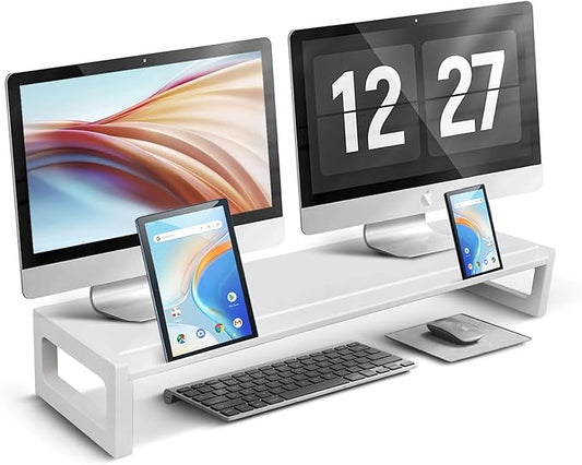 Dual Monitor Stand Riser – 28-Inch Computer Monitor Stand with Multifunctional Slot for 2 Monitors, Multi-Purpose Desktop Storage for Laptop, Printer, TV