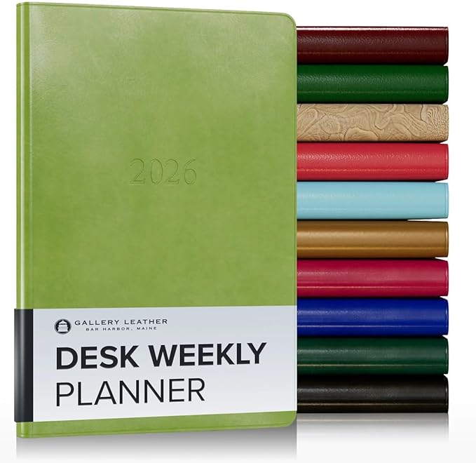 Gallery Leather Desk Weekly Monthly Planner 2025-2026, Elegantly Bound Calendar Planner and Notebook with Stylish Gold-Gilded Page Edges, 12 Months - Acadia Lime - 8 x 5.5 "