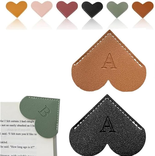 Personalized Leather Heart Bookmark, 26 Letters Customized Corner Book Mark for Reading Women, Book Marker with Initials，Cute Gifts (Black+Dark Brown, A)