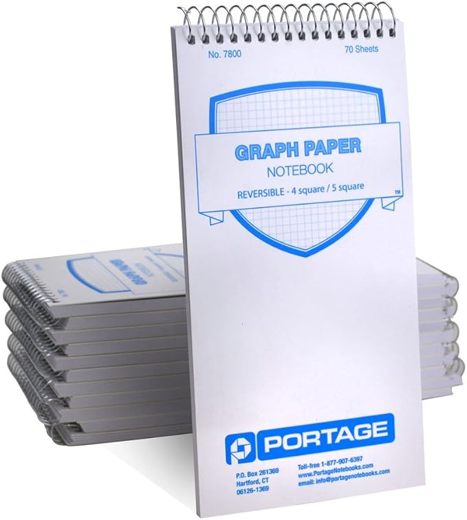 Portage Graph Paper Notebook – Top Bound Spiral Grid Notepad, Small Graph Notebook Writing Pad, Reversible with Notes Template, Thick Cover For Stability – 4 x 8 In, 70 Sheets, 12 Pack