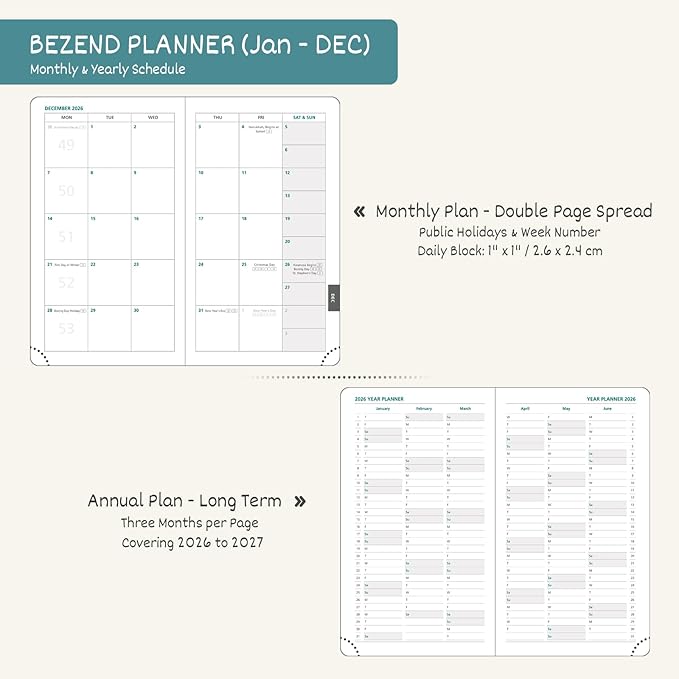 BEZEND Pocket Calendar 2026 Weekly and Monthly (3.5" x 6") Small Daily Planner for Purse (Jan-Dec) with Notes & Expenses, Inner Pocket, Pen Holder, Vegan Leather Hardcover - Kiwi