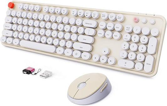 Wireless Keyboard and Mouse Combo, Ergonomic Full Size Typewriter Retro Round Keycaps Keyboard, Compatible with Windows, PC, Perfer for Home and Office Keyboards (Beige