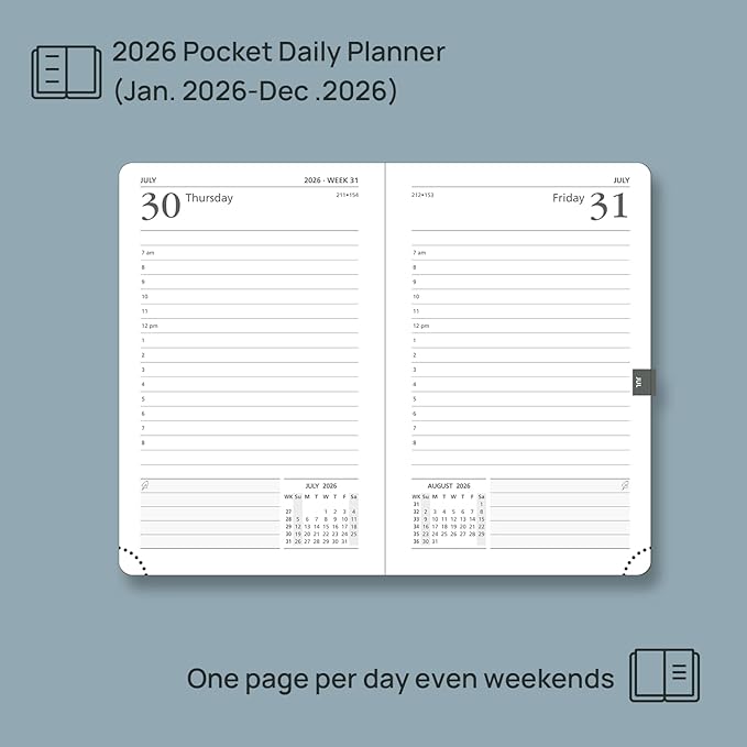 POPRUN 2026 Daily Planner One Page Per Day A6 Size Calendar (4.25" x 6.25") - 12 Months Hourly Appointment Book with Hardcover, Monthly Tabs, Pocket, Pen Holder - Black
