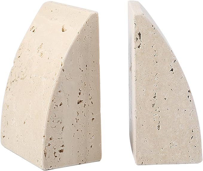 Koville Travertine Bookends for Shelves, Large Stone Bookends for Heavy Books, Non-Slip Heavy Duty Book Stopper for CD/Movies, Aesthetic Decorative Book Ends for Bookshelf Table Home Decor(Beige)