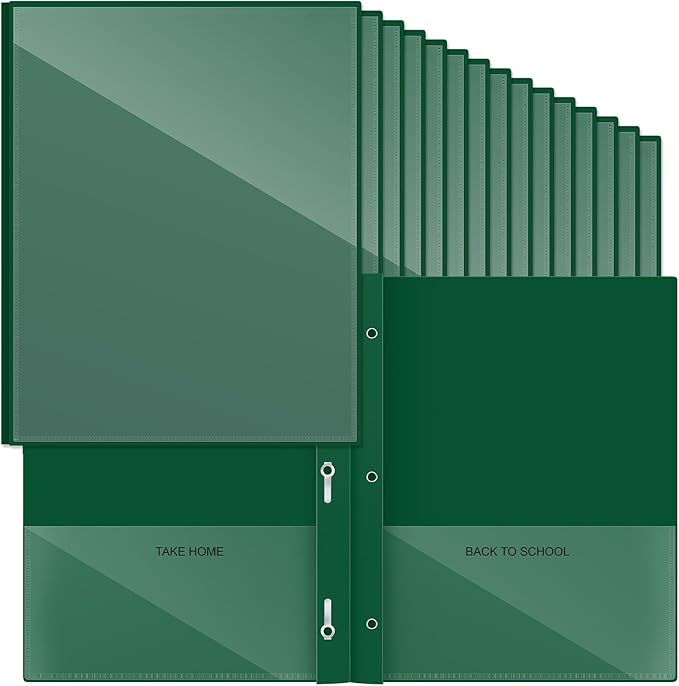 Henoyso 48 Pcs Plastic Folders with Clear Front Pocket and 3 Prong Take Home Plastic 2 Pocket Folder Back to School for Students Parent Teacher Communication for School Office (Dark Green)