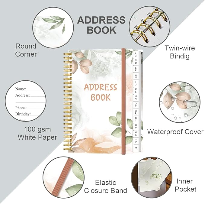 Address Book with Alphabetical Tabs - Small Address Book Spiral with Address Contacts, Special Date, Phone, Birthday & Internet Login Password for Home and Office, 4.3" x 6.2", Rose Leaf