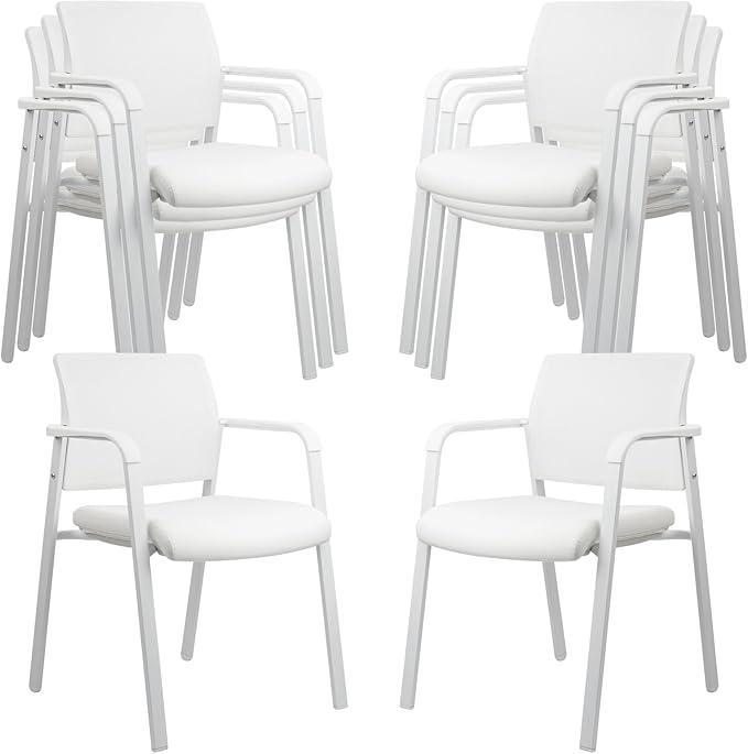 CLATINA Stacking Office Chairs | Mesh Back, Thicken Leather Seat and Arms, Ergonomic Lumber Support | Guest Reception, Waiting, Conference, School, Party, Customer, Side, Stationary | Set of 8, White