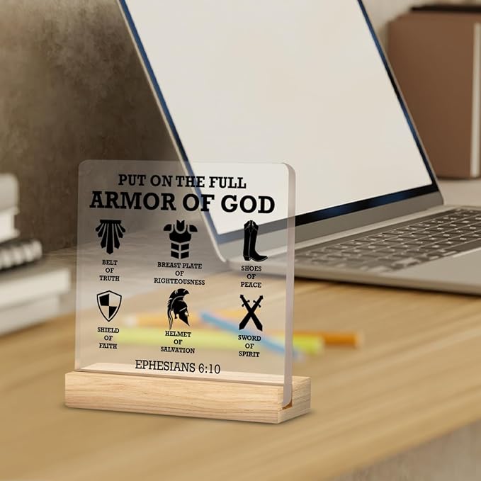 Christian Gifts for Men, Put on the Full Armor of God Bible Keepsake, Ephesians 6 10 Christian Clear Desk Decorative Sign Home Acrylic Decor